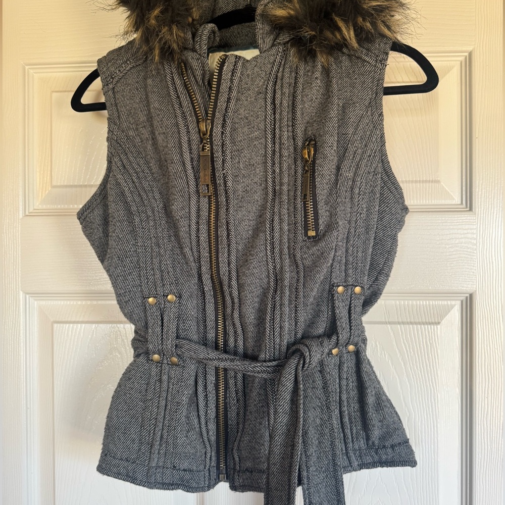 Gray Women's Hooded Vest with Faux Fur Trim